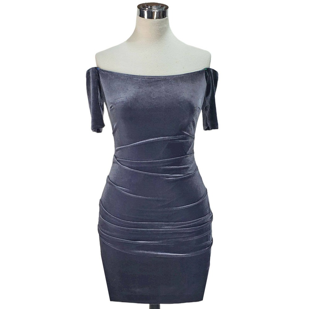 NICOLE MILLER VELVET RUCHED Off Shoulder Gray Wiggle dress, 12 - Picture 1 of 2